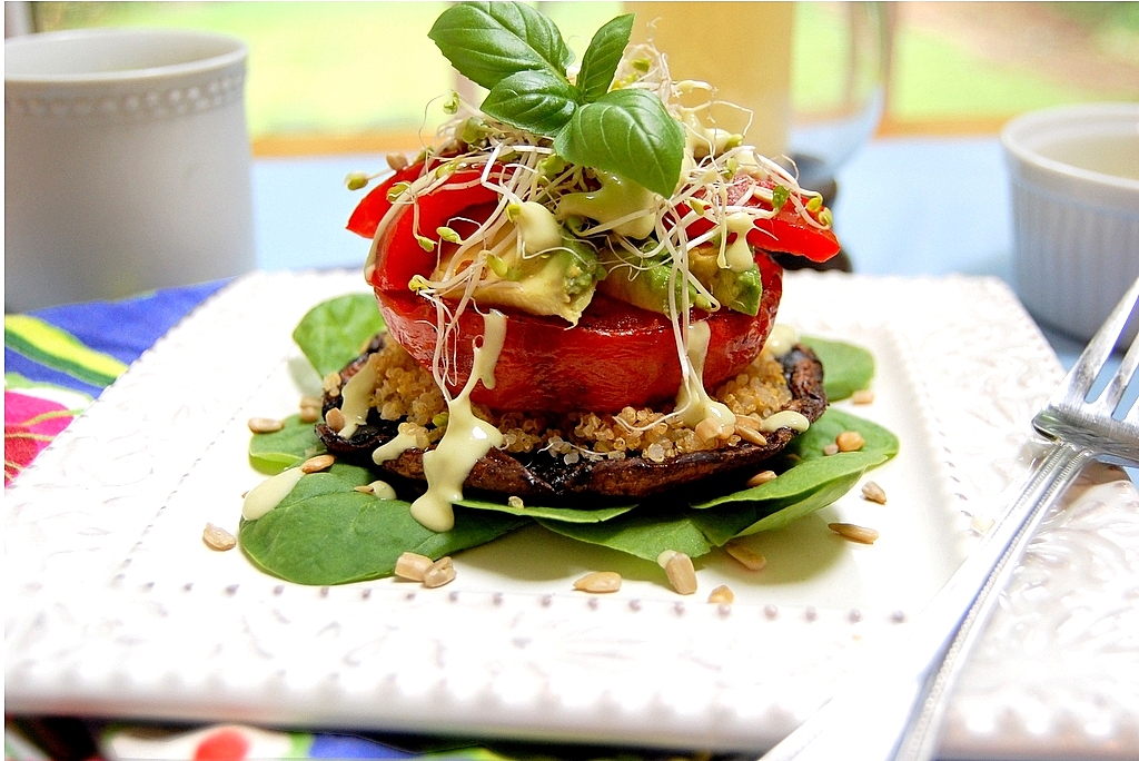 Toasted Quinoa Vegetable Stacks with Green Goddess Dressing