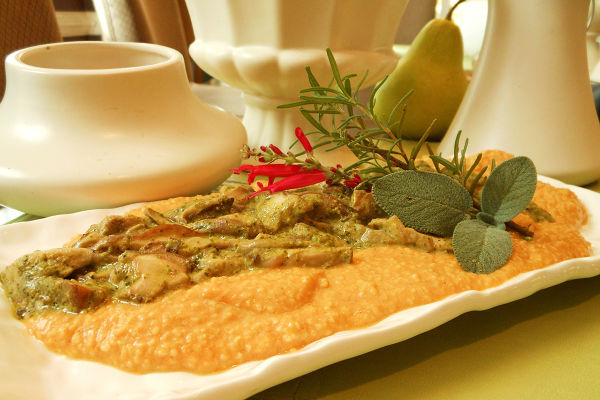 Recipe: Smokey Pumpkin Grits with Shitake Mushrooms in Kale Pesto Cream Sauce