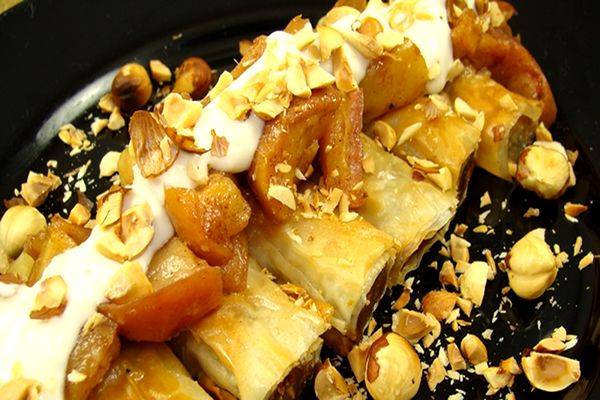 Recipe: Golden Pumpkin Phyllo Rolls in Agave/Maple Syrup with Roasted Apples and Hazelnuts