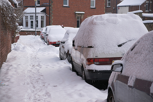 snow covered cars