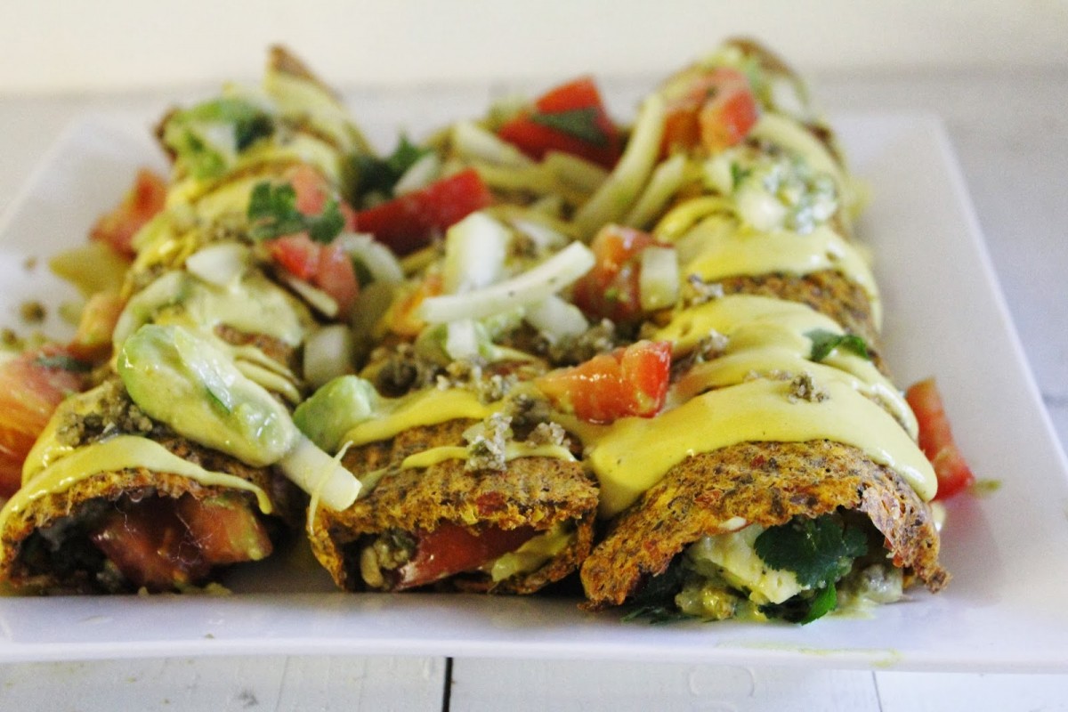 Raw Vegan Enchiladas with Chunky Salsa, Cheesy Sauce, and Spicy Nut Meat