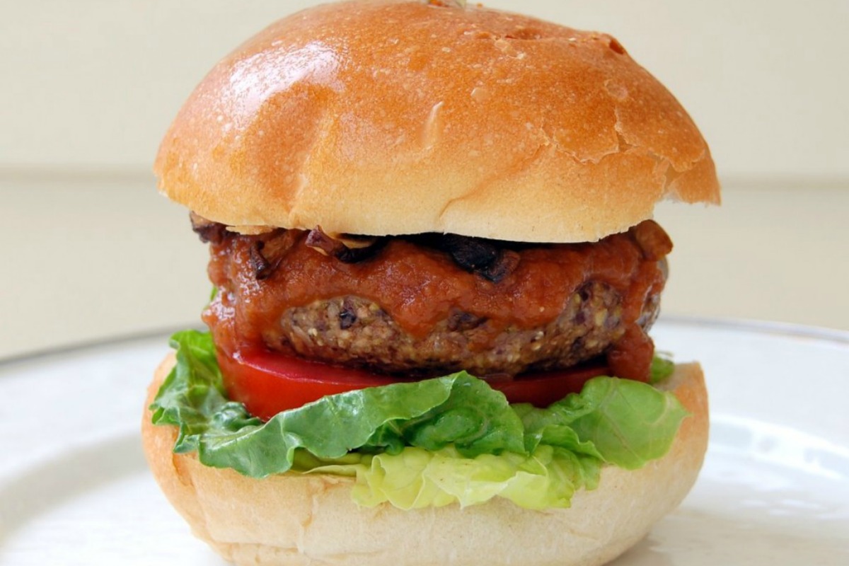 Black Bean Apple Burgers With Caramelized Onion Chipotle BBQ Sauce and Shiitake Bacon [Vegan]