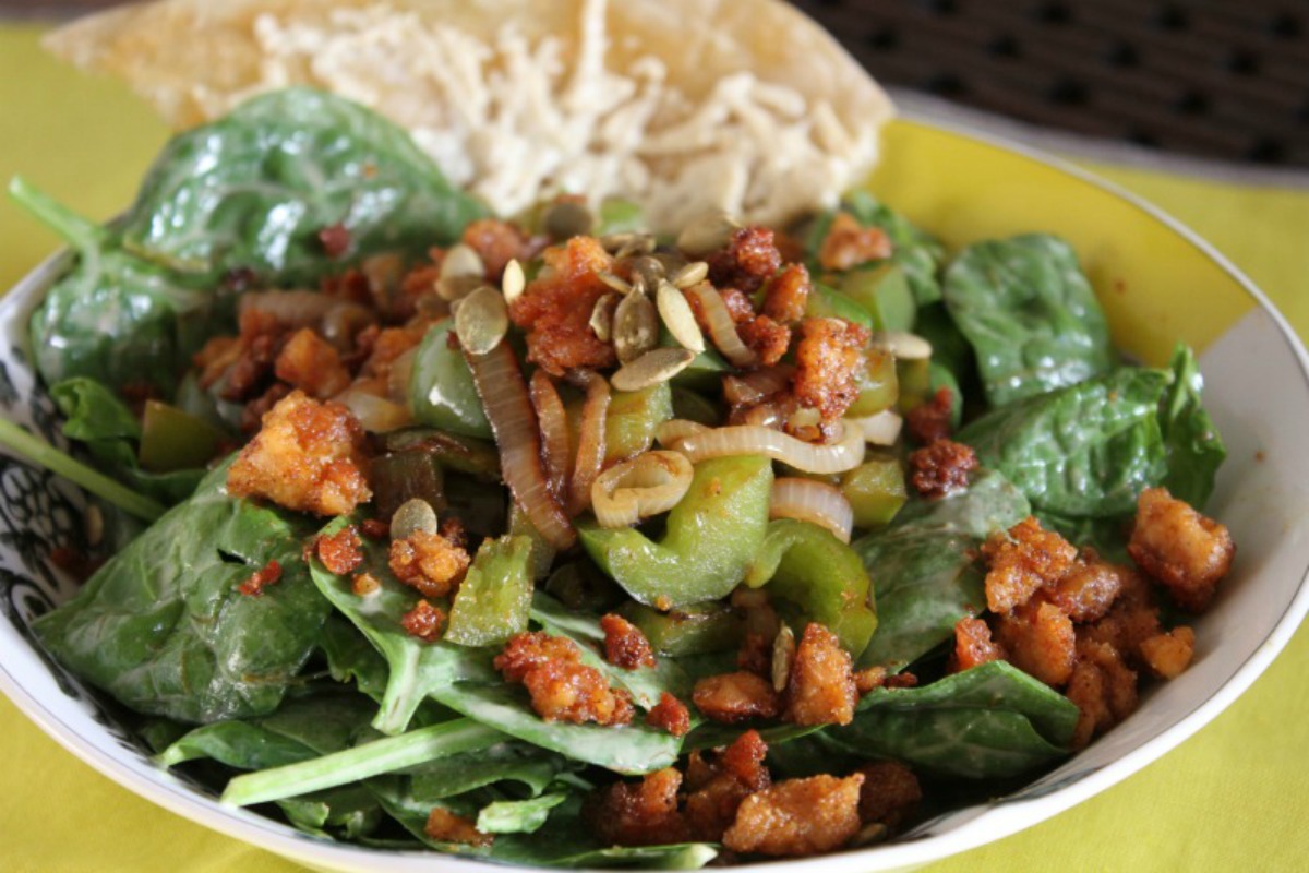 Buttery Spinach Salad With Crumbled Tempeh and Crispy Shallots [Vegan, Gluten-Free]
