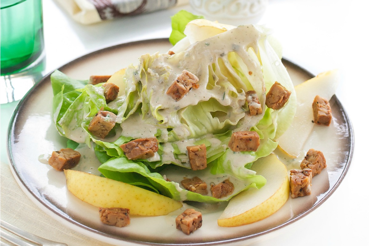 Butter Lettuce Wedges With Sunflower Seed Dressing, Pears and Tempeh Bacon [Vegan, Gluten-Free]