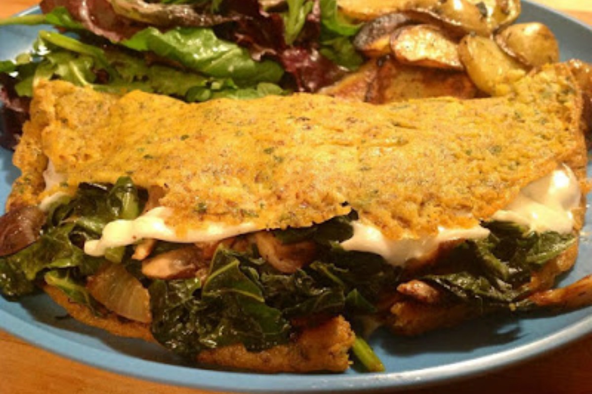 Chickpea Omelets With Mushrooms, Greens and Vegan Swiss [Vegan, Gluten-Free]