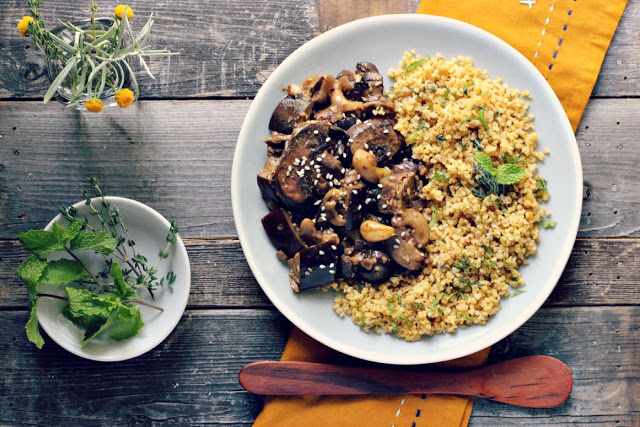 Eggplant and Mushroom Saute With Herbed Toasted Millet
