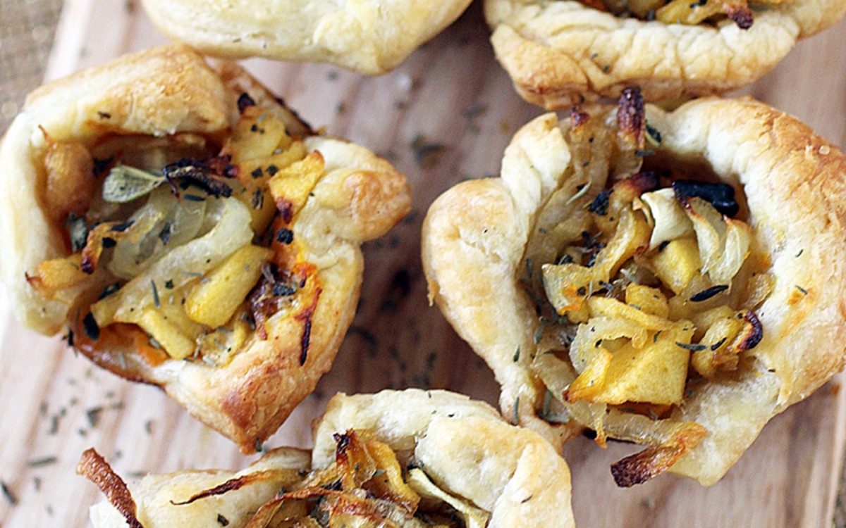 Rustic Tartlets With Caramelized Onions, Apple, and Butternut Squash