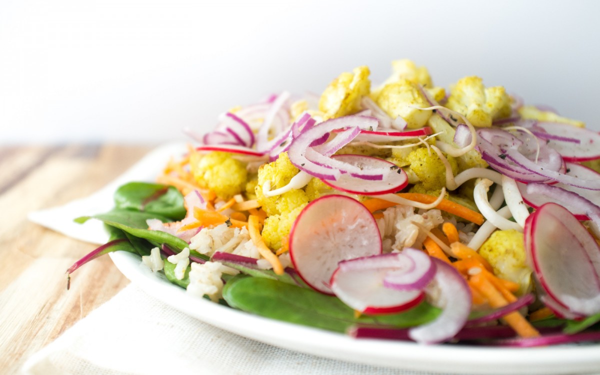 Warm Brown Rice and Roasted Cauliflower Salad With a Apple Cider Mustard Vinaigrette