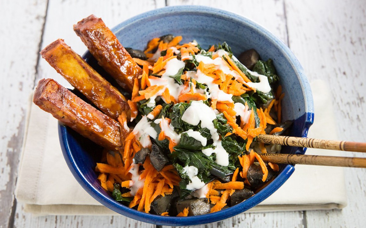 BBQ Tofu and Braised Garlic Kale Bowl With 5 Minute Ranch Dressing