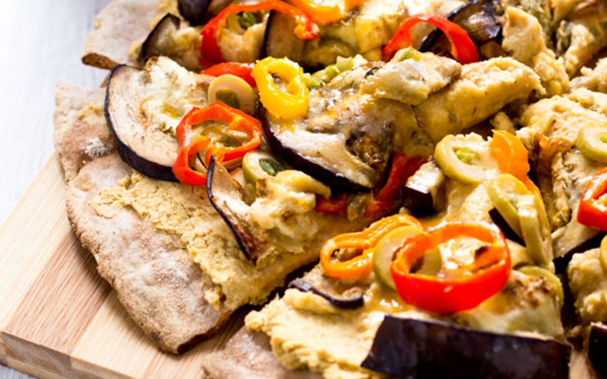 Eggplant Hummus Pizza on a Mixed Grain Crust