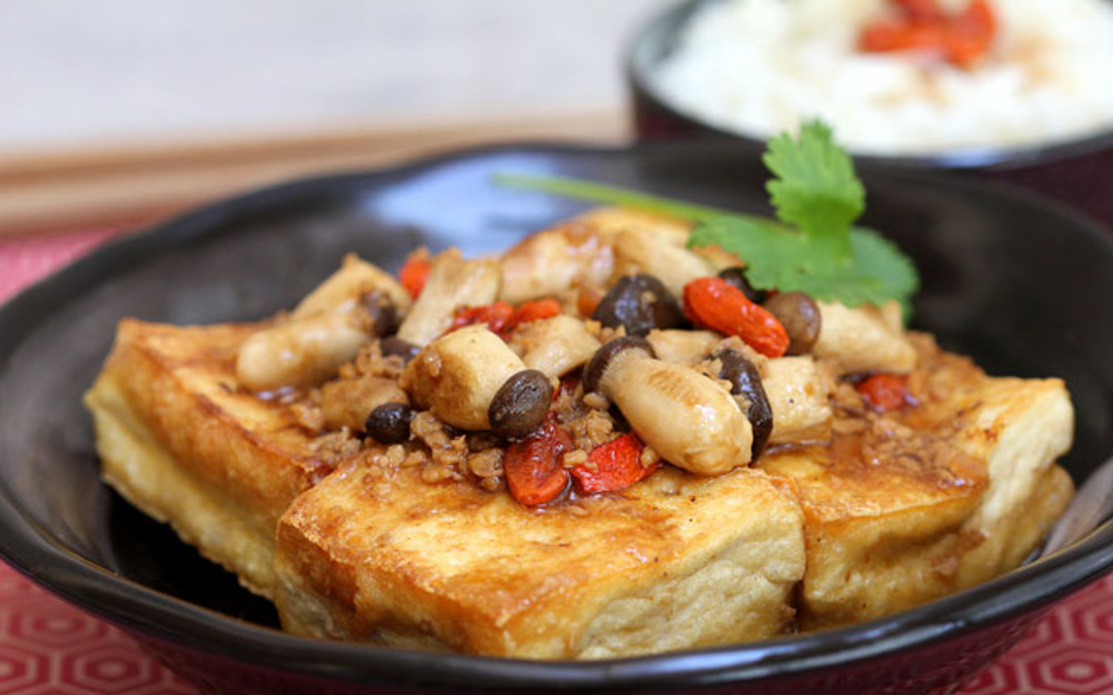 braised tofu with baby king oyster mushrooms