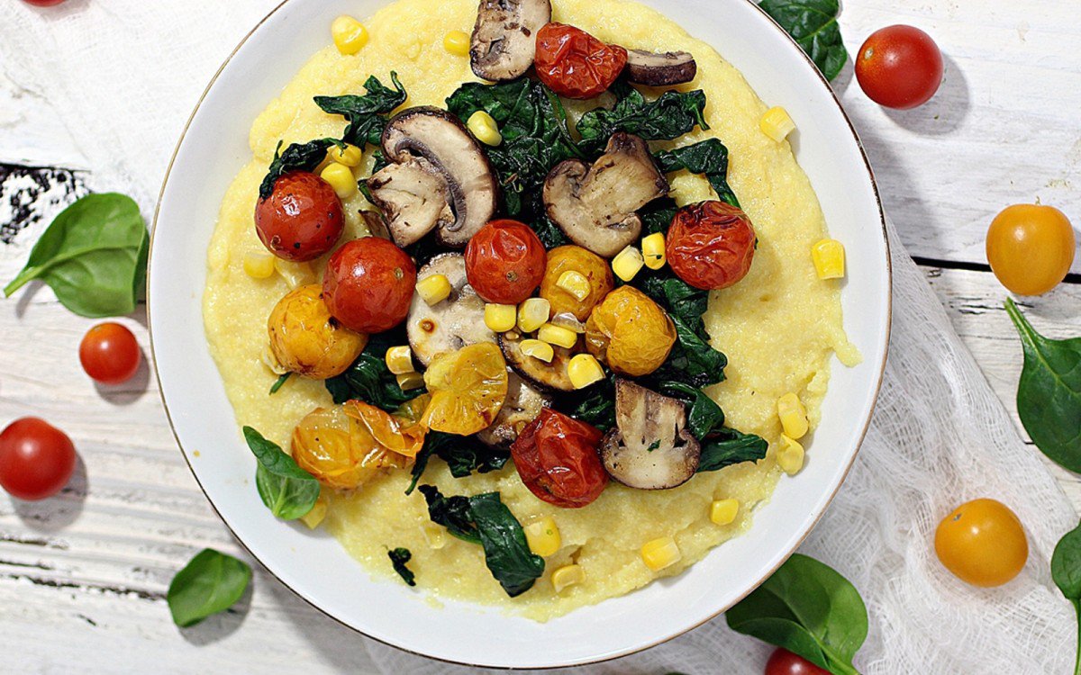 Creamy Polenta With Roasted Cherry Tomatoes, Mushrooms, and Spinach