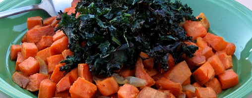 Roasted Sweet Potatoes with Shallots and Crispy Kale Ribbons