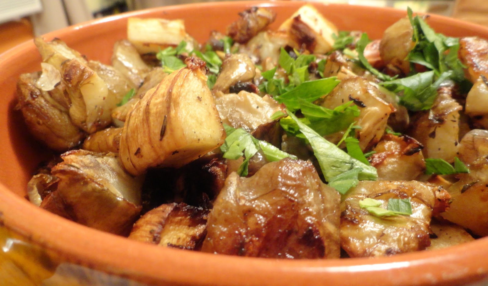 Roasted Jerusalem Artichokes with Braised Garlicky Kale