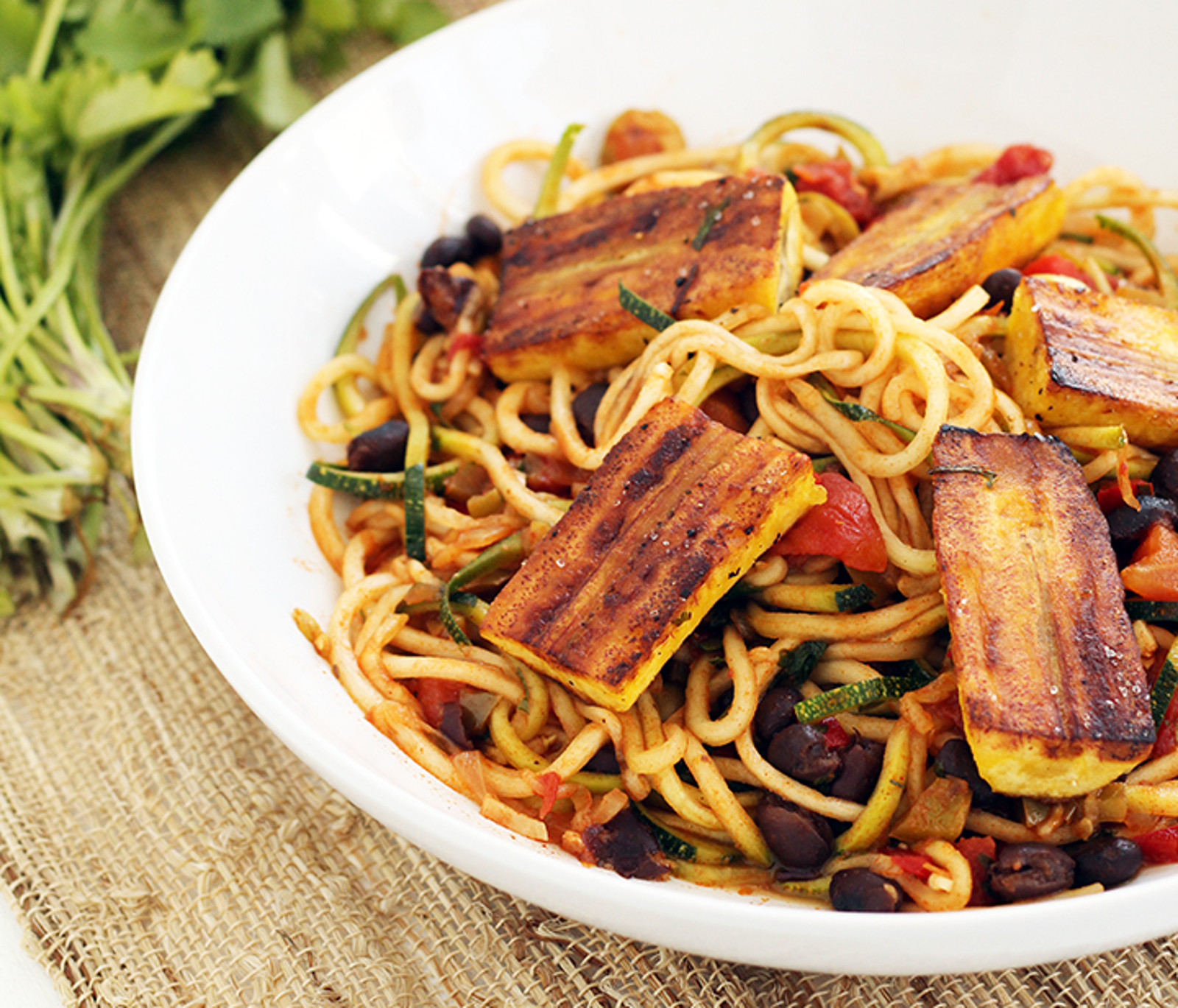 Sofrito Zucchini Pasta With Beans and Lightly Fried Plantains