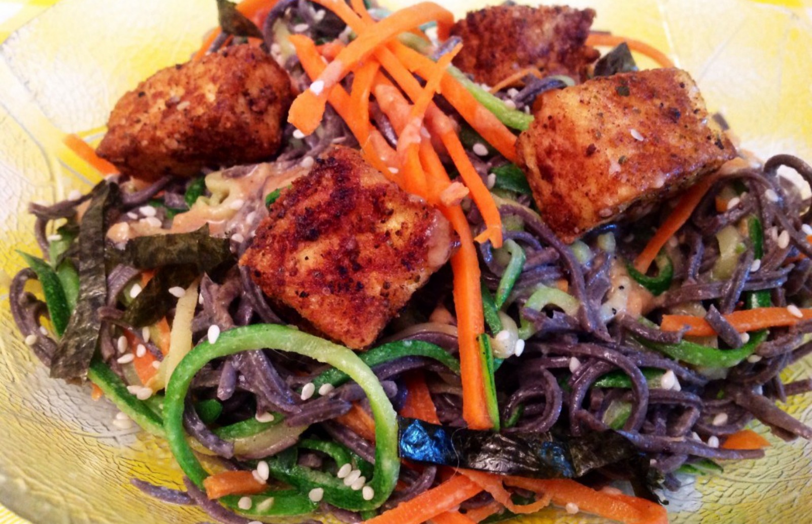 Pan-Fried Tofu with Zucchini, Carrot and Black Bean Sesame Noodles