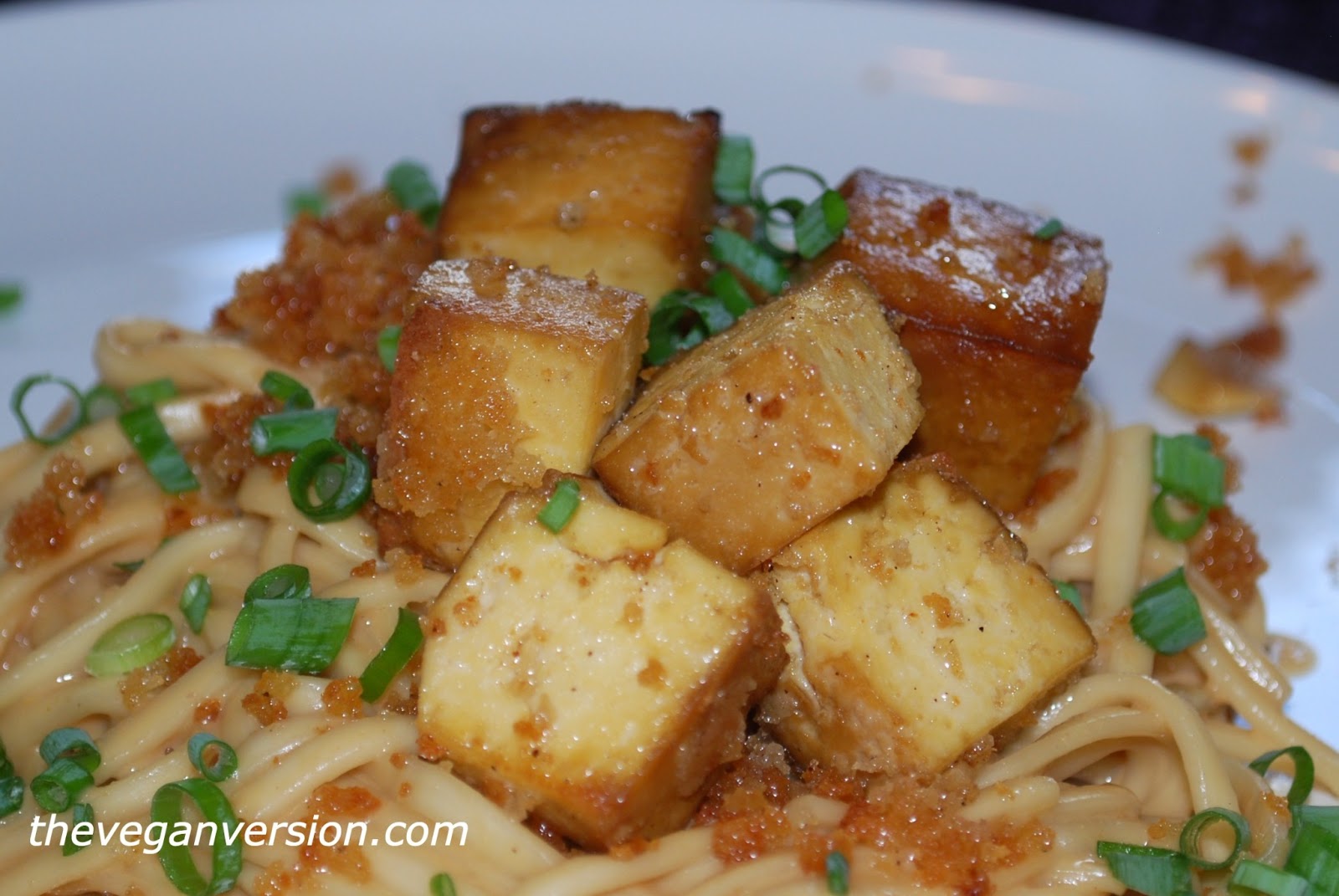 Crispy Tofu over Thai Peanut Udon Noodles