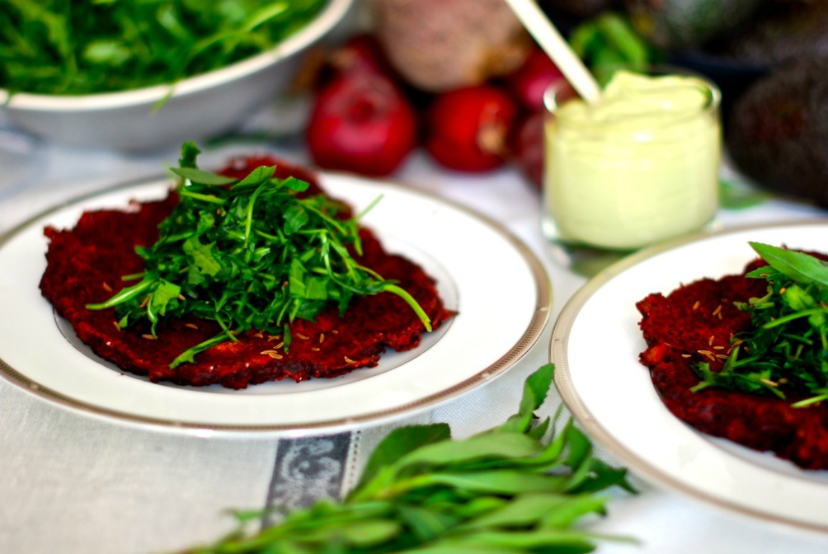 Red Beet and Zucchini Pancakes With Ruccola Tarragon Salad [Vegan, Gluten-Free]