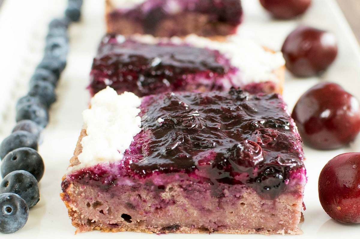 Cherry Oats Squares With Macadamia Nut Icing and Blueberry Sauce [Vegan, Gluten-Free]