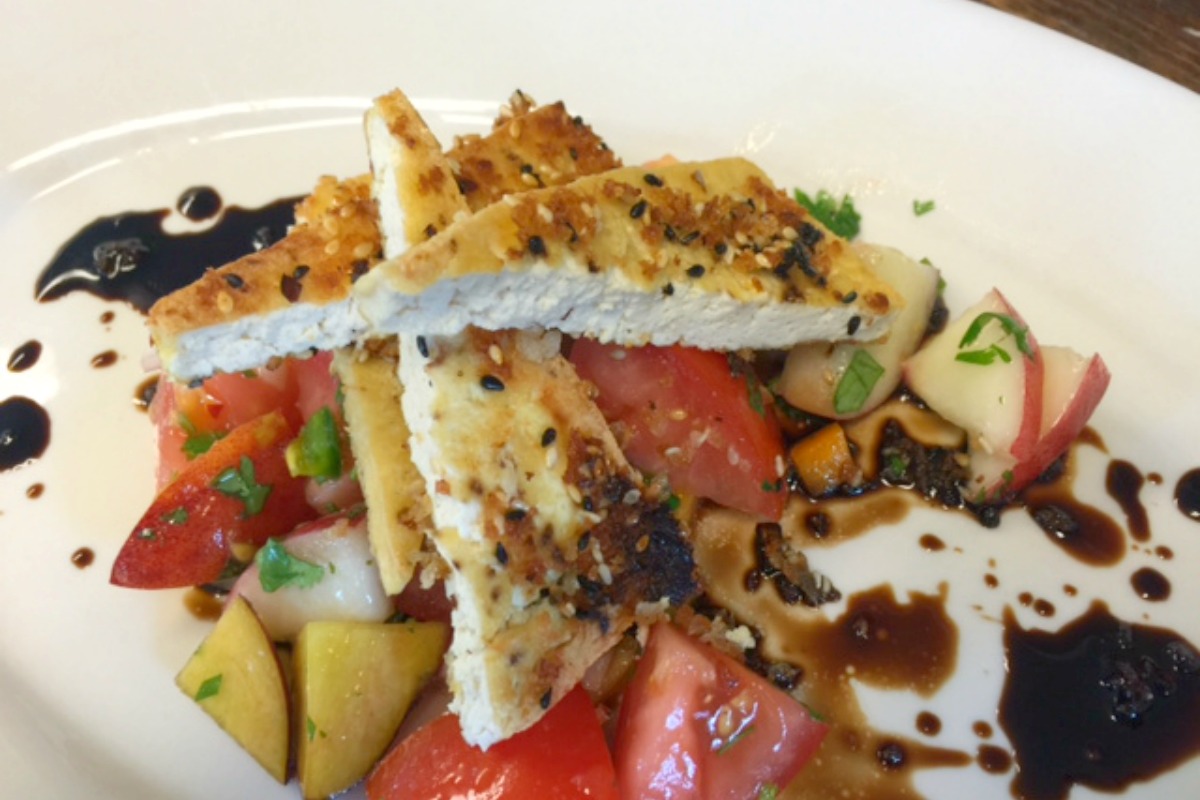 Black and White Sesame Crusted Tofu Over Peach and Tomato Salad With Balsamic Glaze [Vegan, Gluten-Free]