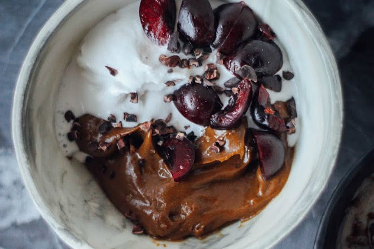 Vegan Chocolate Pudding Bowls With Coconut Cream and Cherries