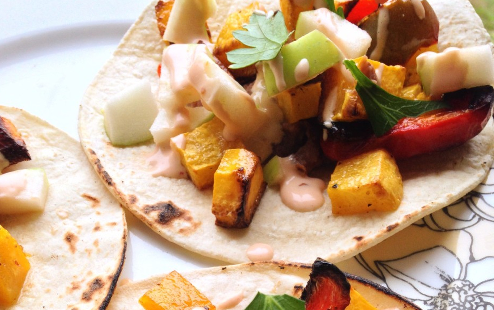 Roasted Butternut Squash Tacos With Crisp Apple and Chipotle-Lime Drizzle [Vegan]