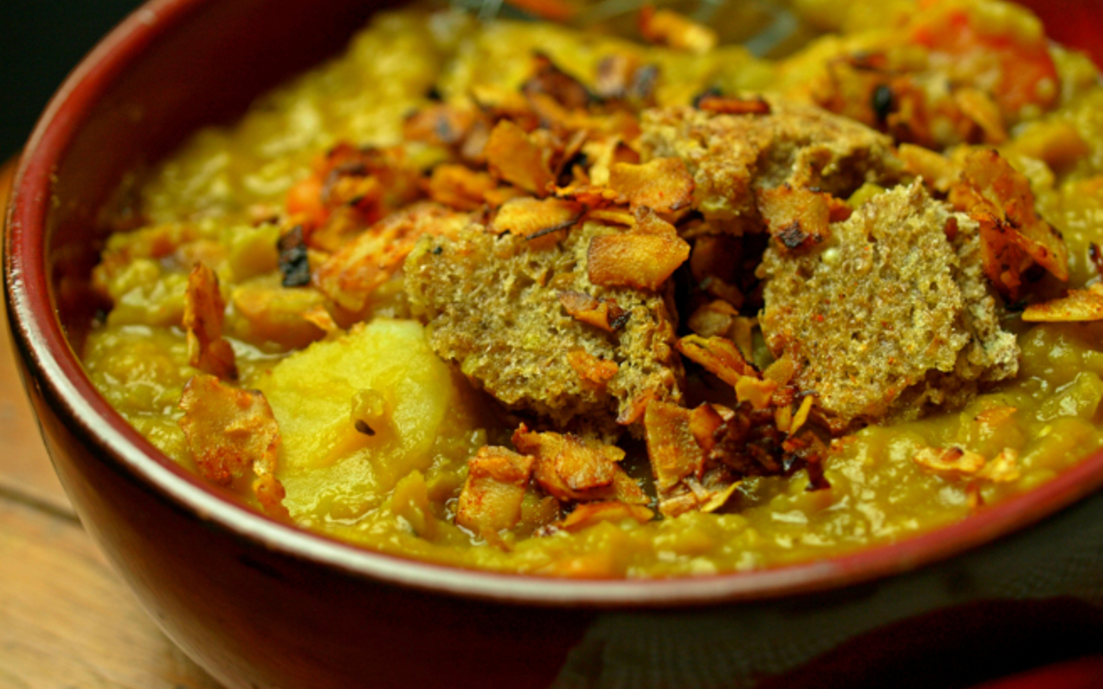 Slow-cooked Split Pea Soup With Homemade Croutons and Coconut Bacon