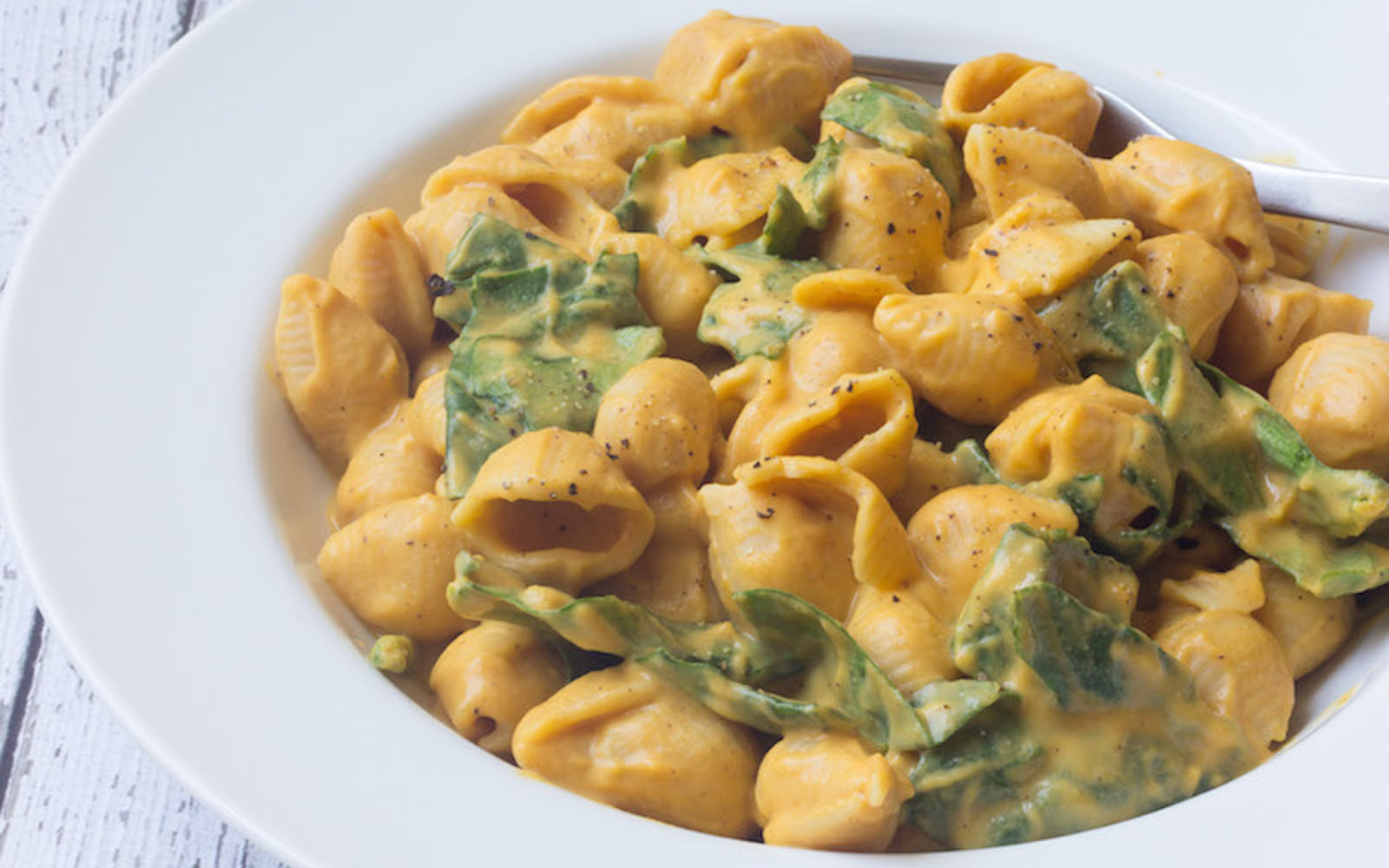 Sweet Potato vegan Mac and Cheese with Spinach