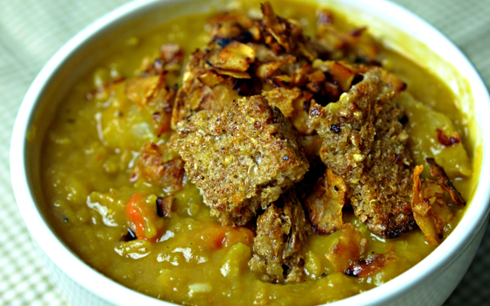 Slow Cooker Split Pea Soup With Homemade Croutons and Coconut Bacon