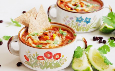 Mexican Black Bean Soup With Sweet Corn, Tortilla Chips, and Avocado Cream