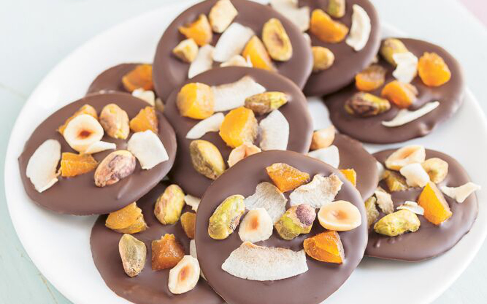 Mint Chocolate Medallions With Fruit, Nuts, and Flaked Coconut