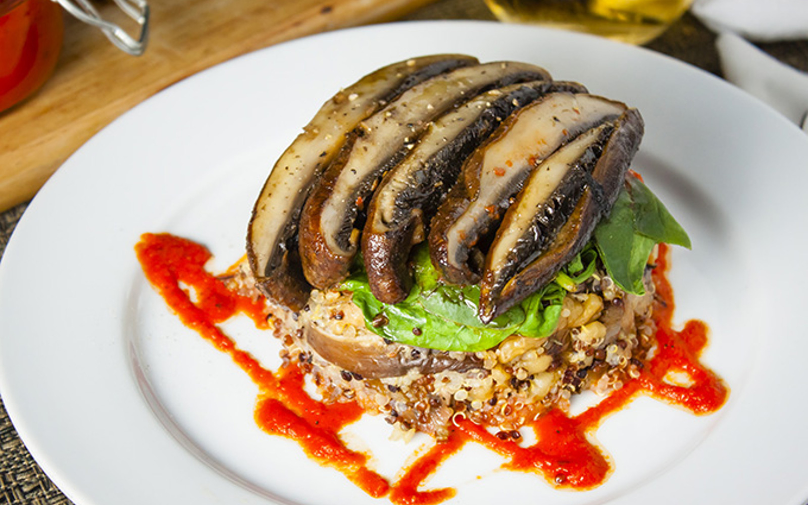 Quinoa and Portobello Mushroom Stacks With a Red Pepper Coulis