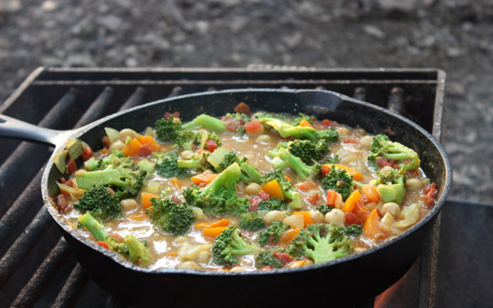 Vegan campfire broccoli and chickpea curry