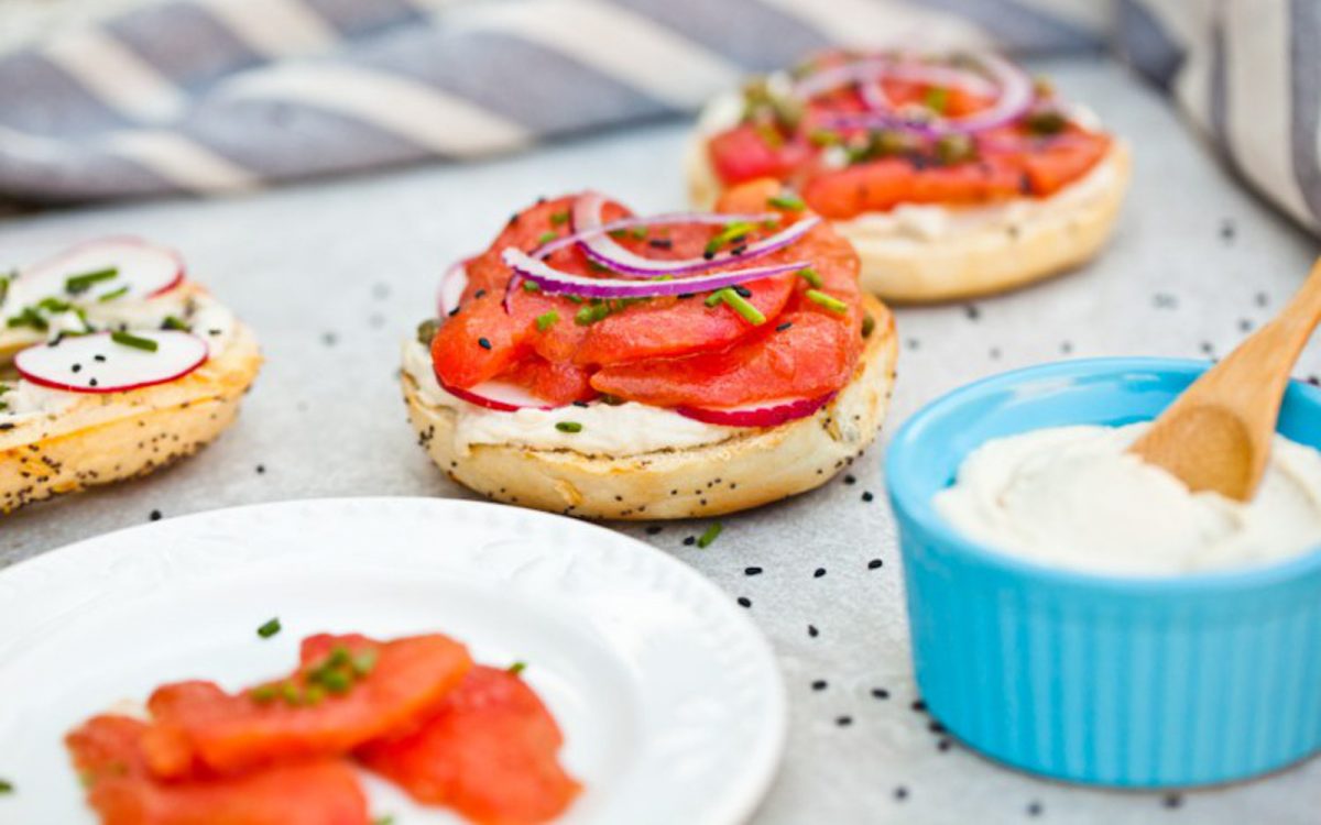 Vegan bagels with lox tomato and cashew cream cheese