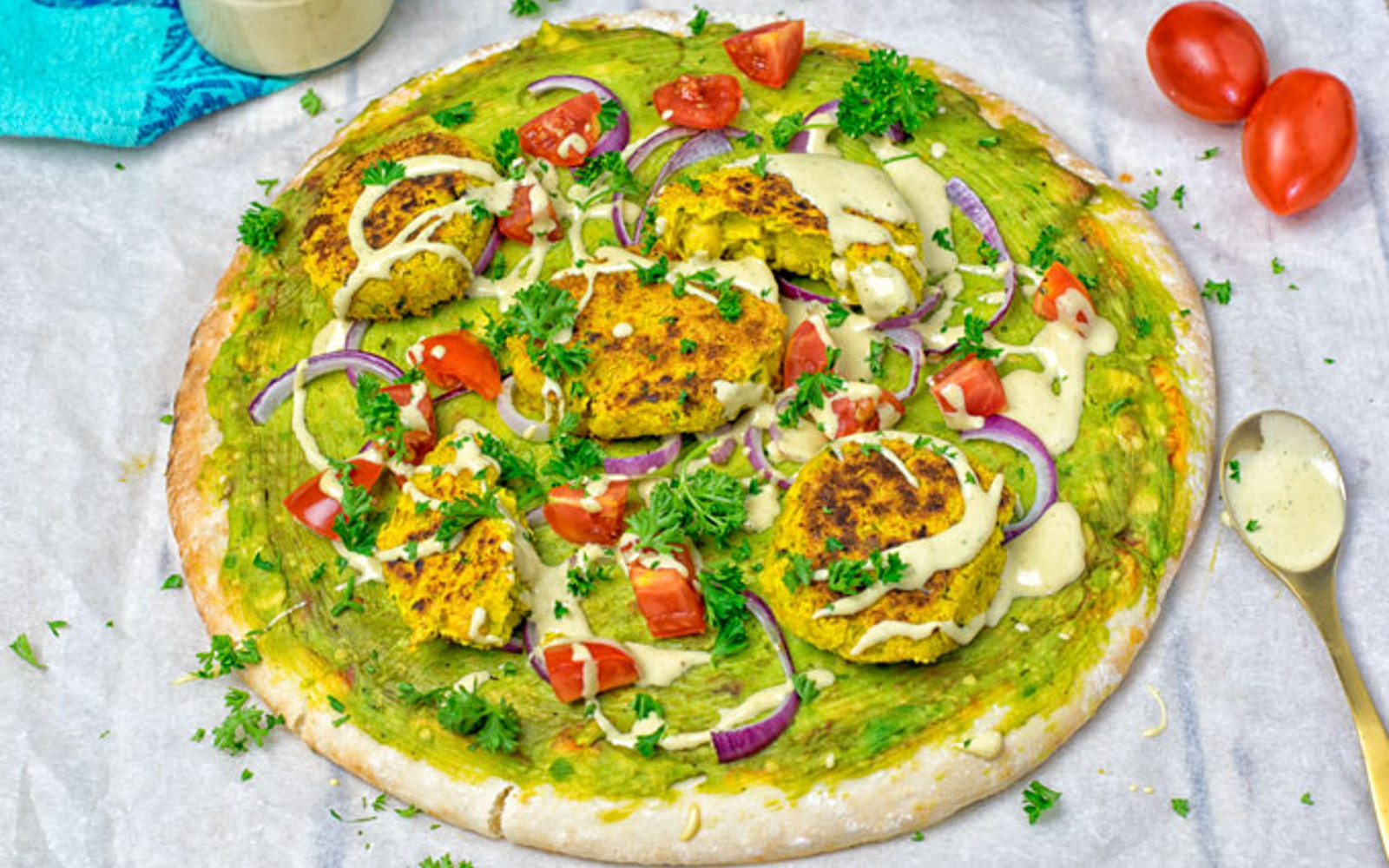 Vegan Mediterranean Pizza With Turmeric Falafel