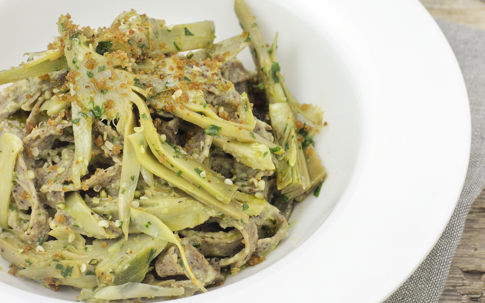 Hemp Pasta With Artichokes and Bread Crumbs