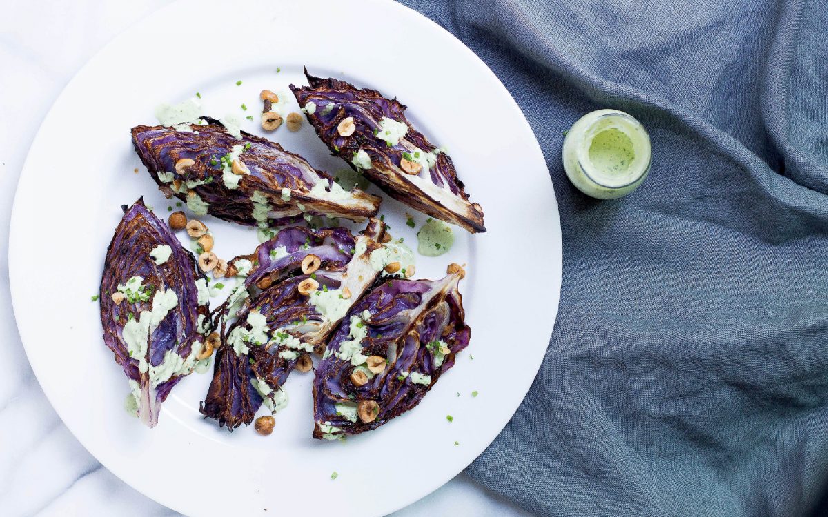 Vegan Roasted Purple Cabbage With Green Goddess Dressing