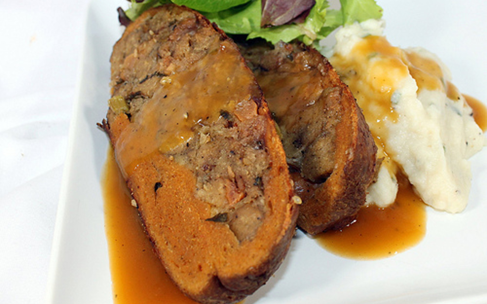 Seitan Roast With Sausage and Pear Stuffing and Apple Cider Gravy