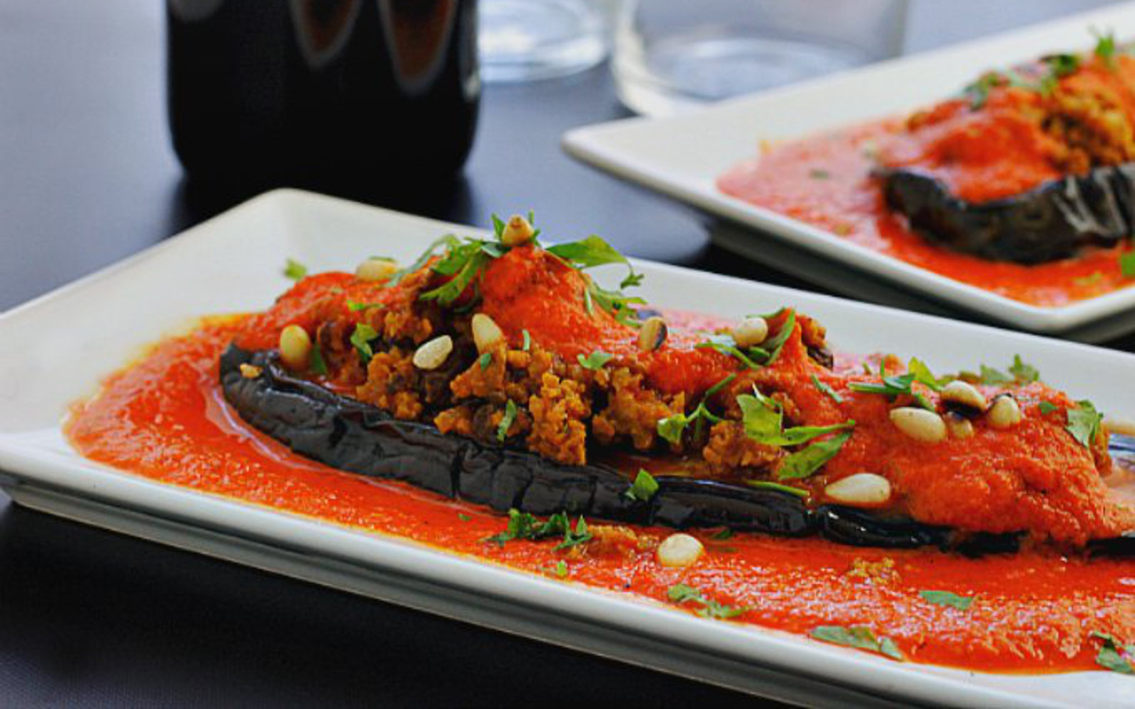 Stuffed Eggplant Cutlets in Red Pepper Sauce