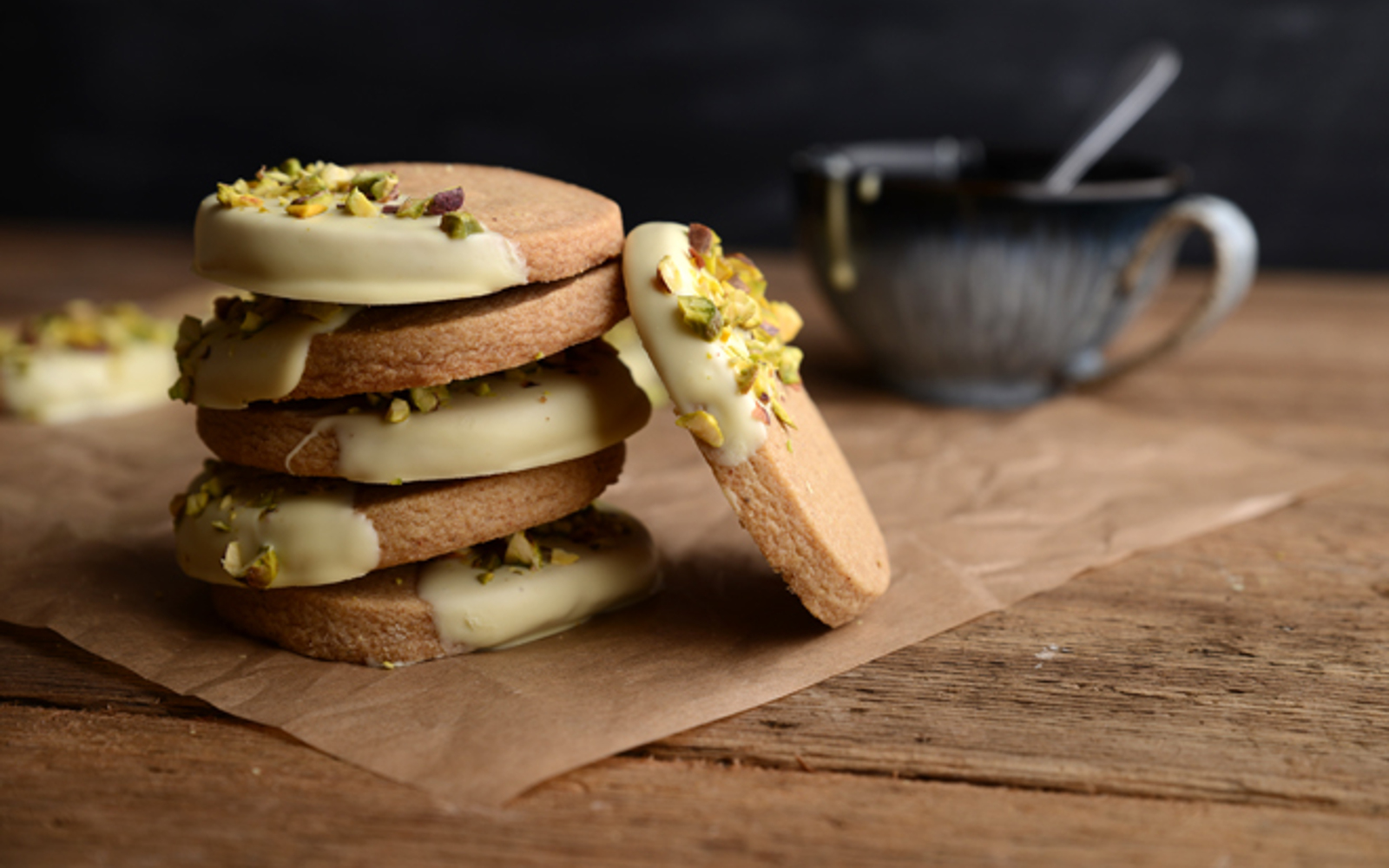 Spiced Shortbread Dipped in White Chocolate and Pistachios
