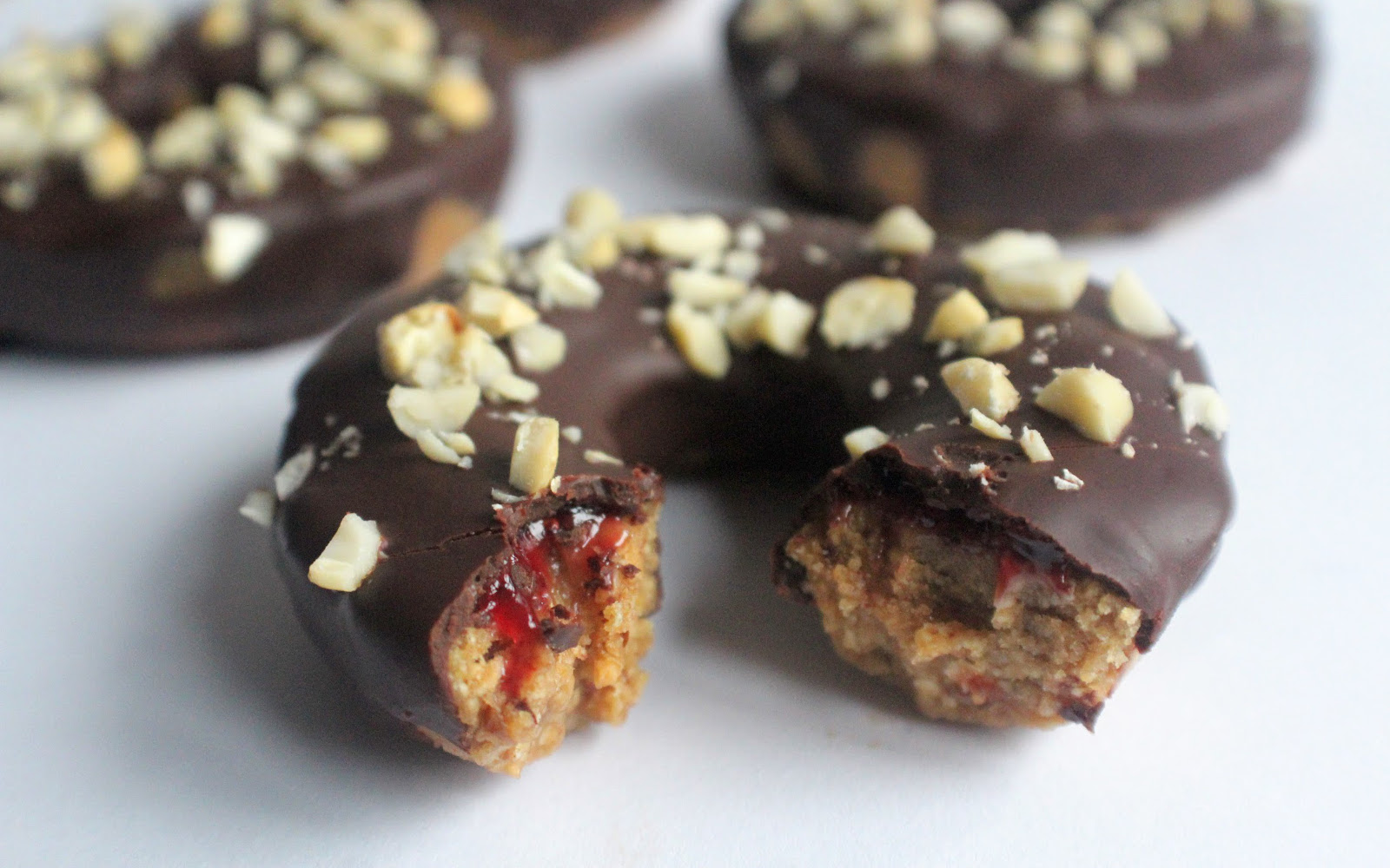 No Bake Chocolate Coated Peanut Butter and Jelly Dougnuts c