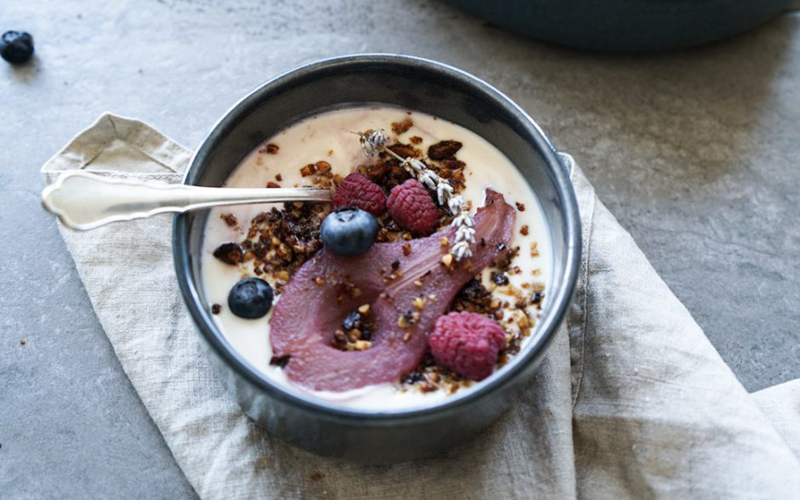 Berry Lavender Poached Pears With Granola