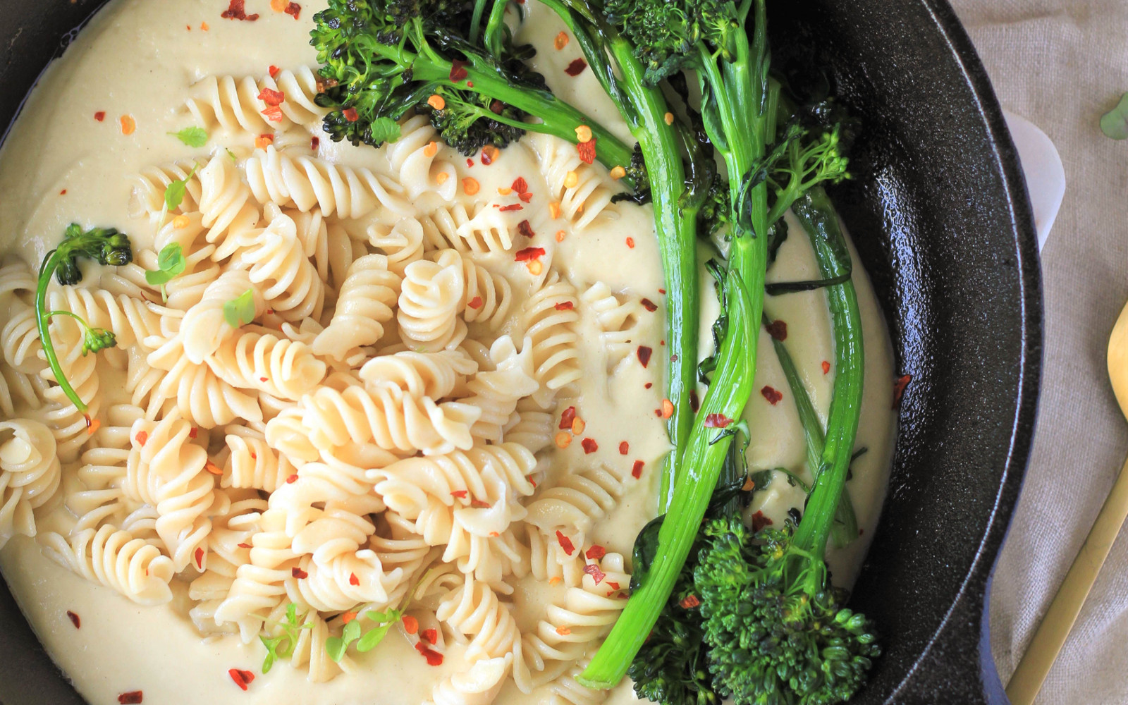 The Best Nut Free Vegan Alfredo Sauce with Pasta and Broccolini