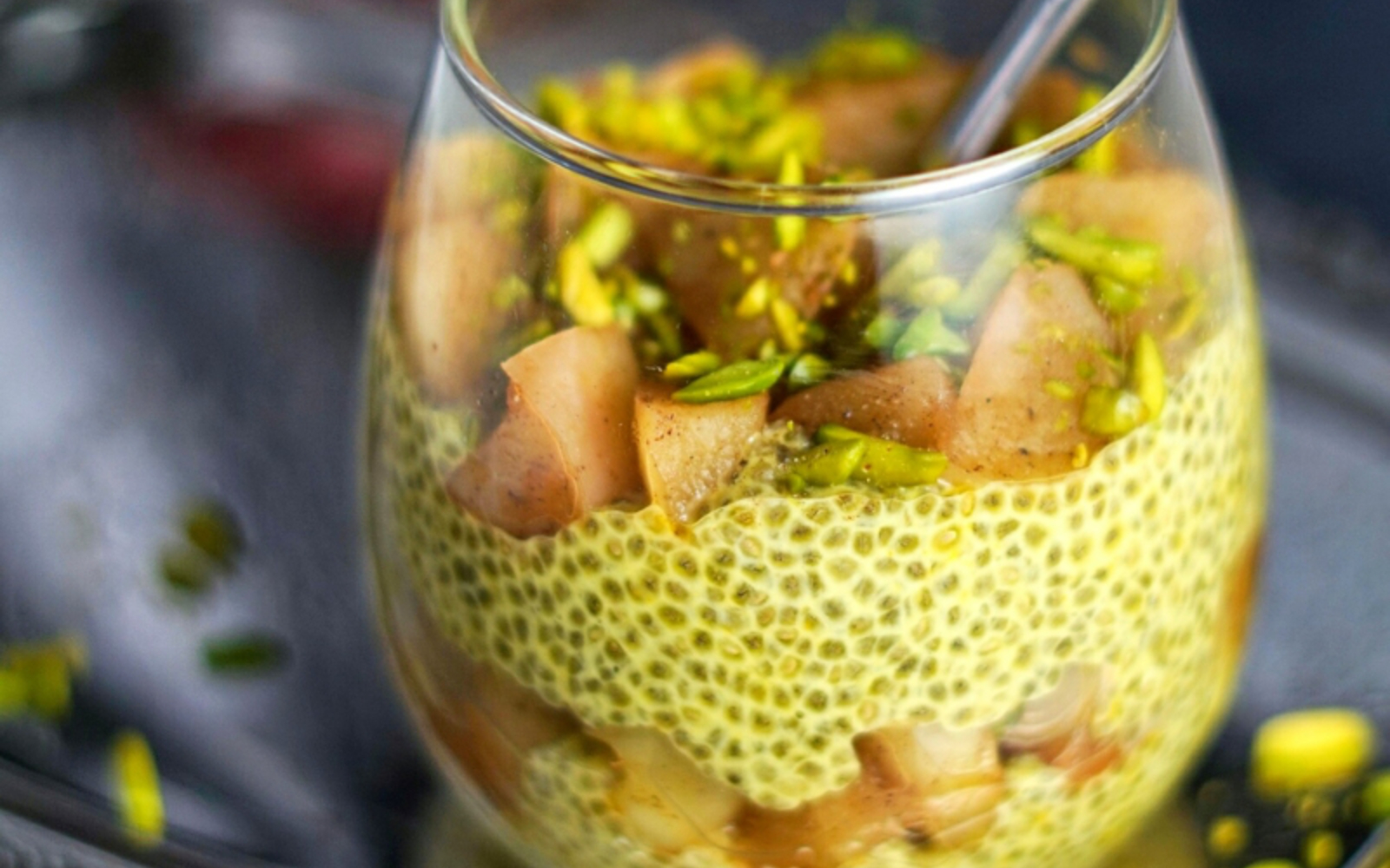 Saffron Rosewater Chia Pudding With Apple Compote