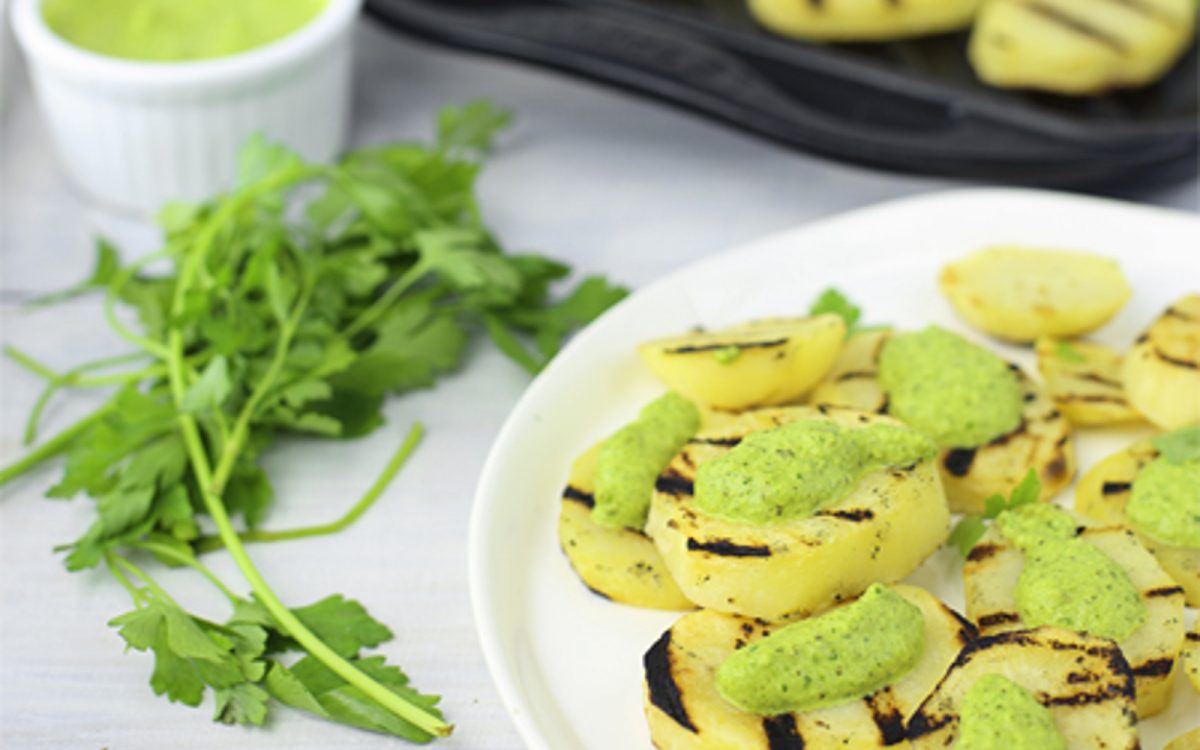 Vegan Grilled Potatoes With Zucchini Mint Sauce 