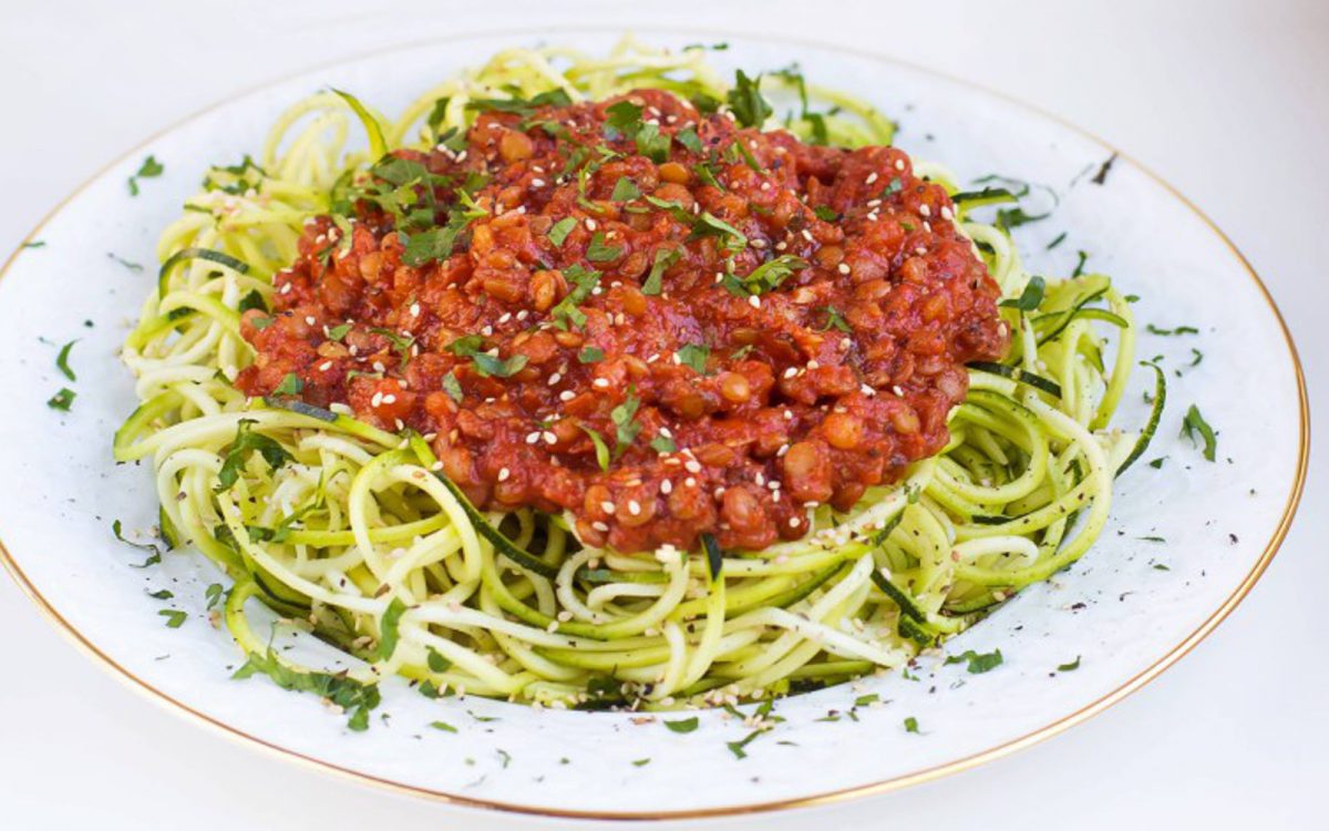Zucchini Pasta With Spicy Tomato and Lentil Sauce