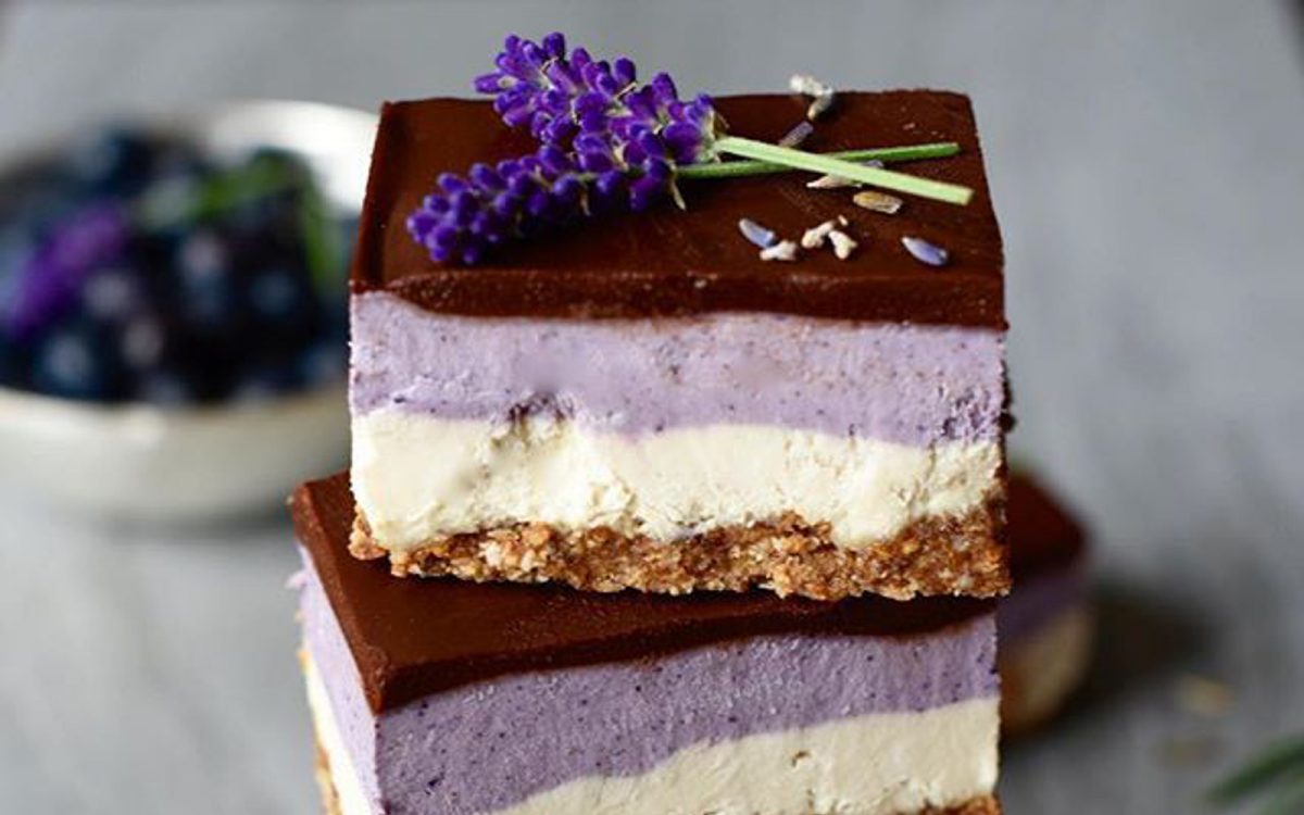 Raw Blueberry Lavender and Vanilla Cheesecake Squares