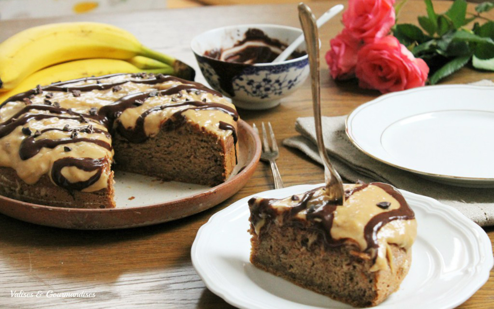 Healthy Banana Cake With Peanut Butter Frosting and Maca Chocolate Sauce