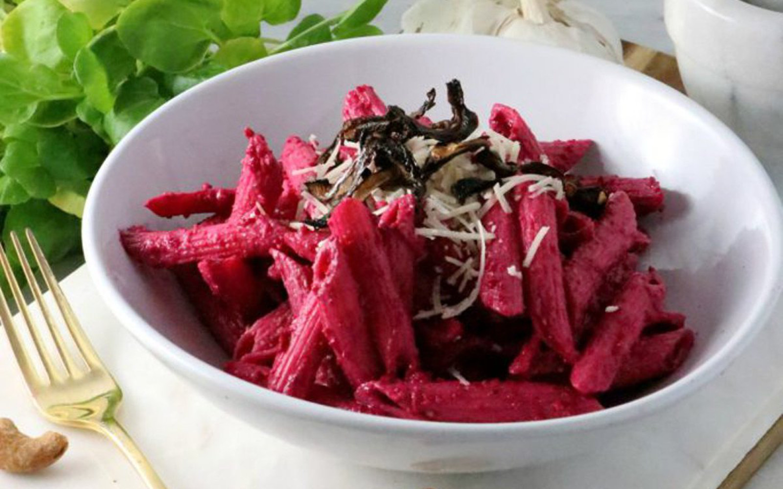 Penne in Creamy Beet Sauce With Shiitake Bacon