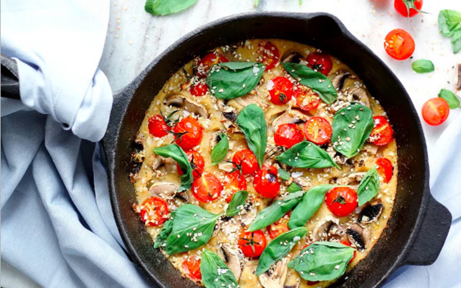 Vegan Polenta Frittata With Mushroom, Tomato, and Basil 